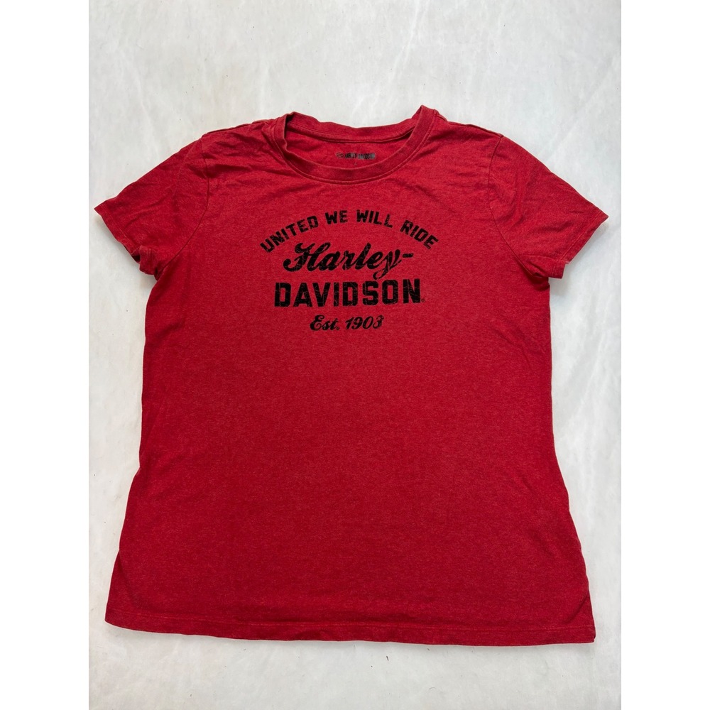 Harley‎ Davidson United We Ride T Shirt Womens Size L Red Biker Graphic Tee